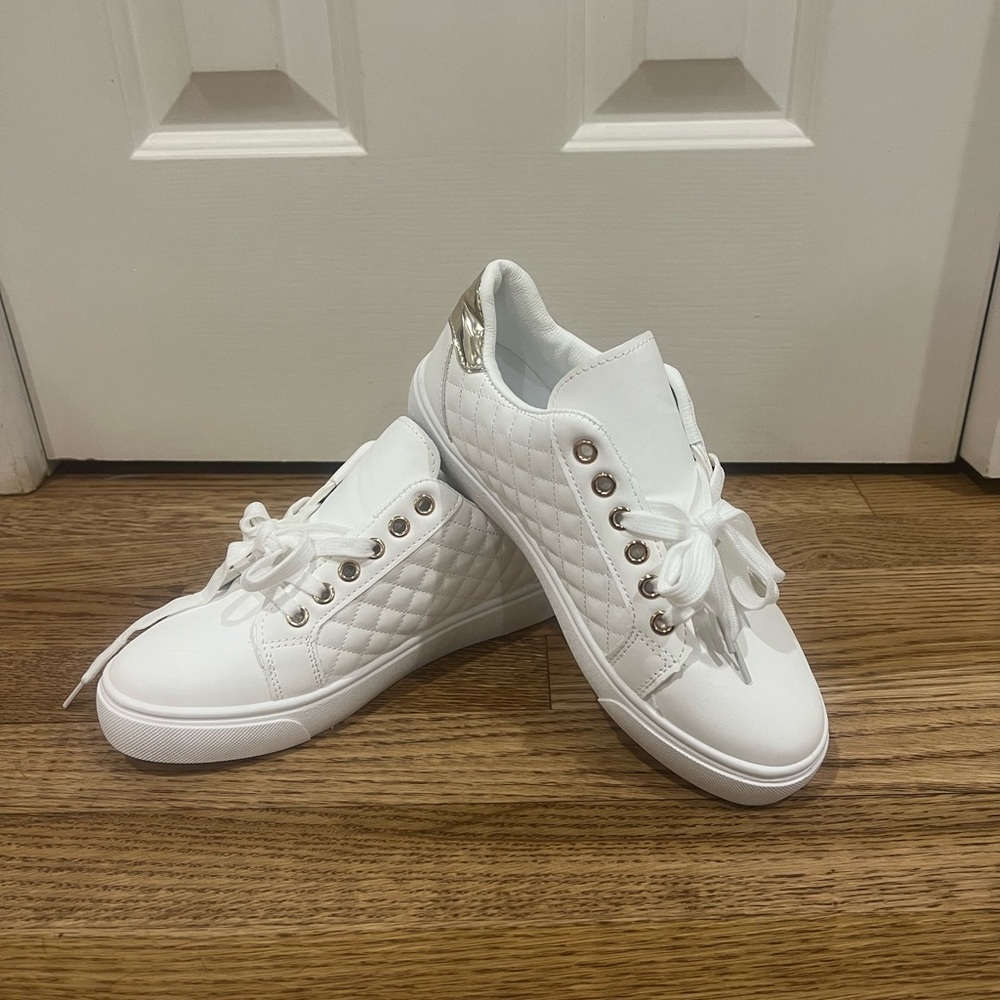 White Quilted Sneakers with Gold Accents